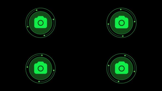 黑色背景上的动画绿色相机图标平视显示器。