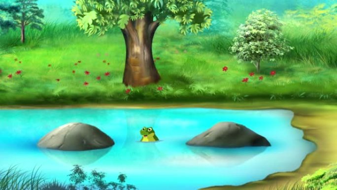 绿色的青蛙在水坑里跳跃