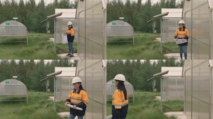 一位亚洲女工程师在阳光充足的日光温室中，用太阳能产生的热量检查水果孵化器。