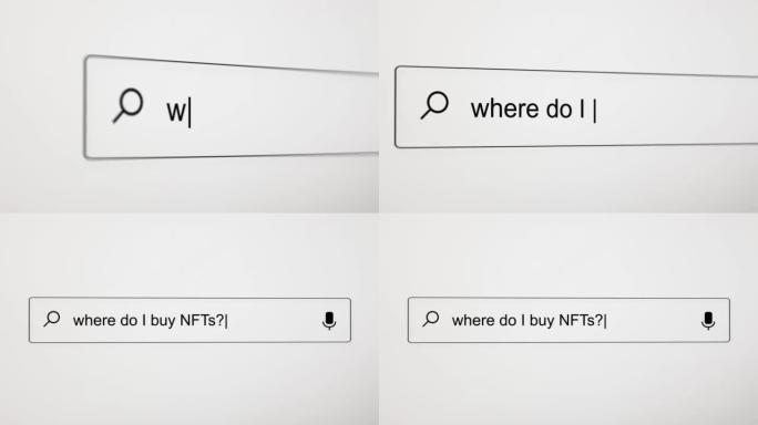 搜索 “我在哪里购买NFTs？” 在PC屏幕上的Internet搜索引擎Web浏览器中。4k分辨率。