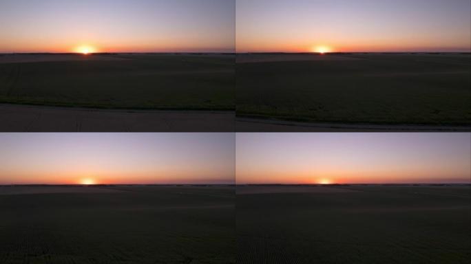 法国玉米田，沙托鲁，橙色太阳，没有云的超流空中日落