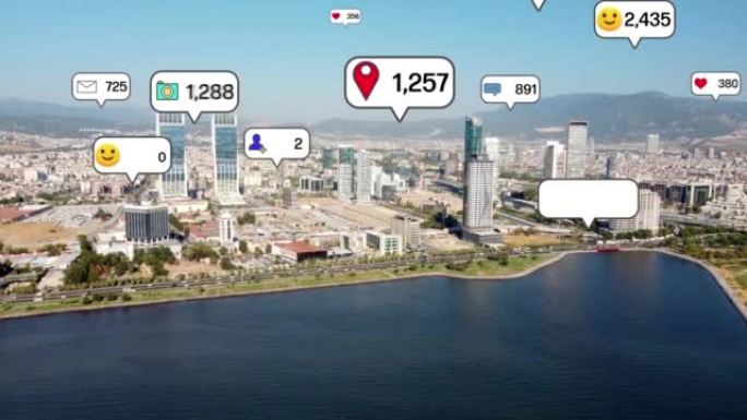 社交媒体图标飞越市中心，通过社交网络应用平台向人们展示互动联系