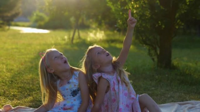 快乐的小女孩坐在公园的毯子上，仰望天空，惊讶的面孔指着手指。开朗可爱的姐妹们坐在大自然上。童年，休闲