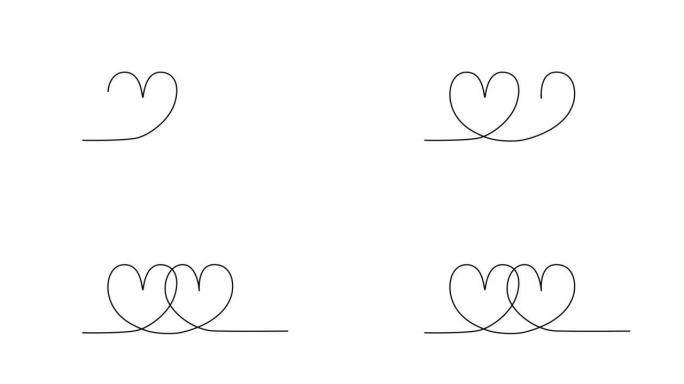 两颗相连的心的自画线动画。白色背景。复制空间。