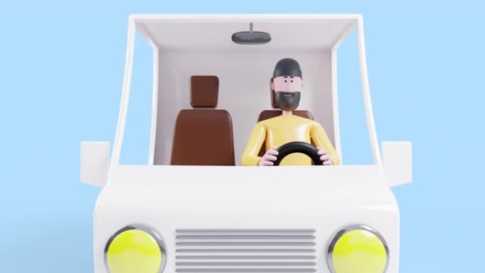3d动画人卡通驾驶一辆送货车。等待开始送货的司机。