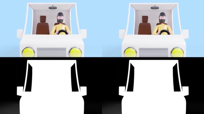 3d动画人卡通驾驶一辆送货车。等待开始送货的司机。