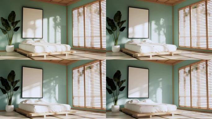 薄荷现代和平卧室。日本风格卧室。3d渲染