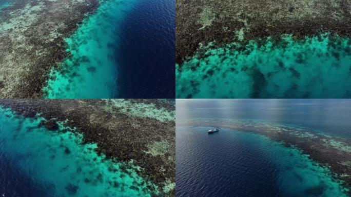 巨大的蓝洞屏障即兴，巨大的海洋污水坑的鸟瞰图无人机拍摄