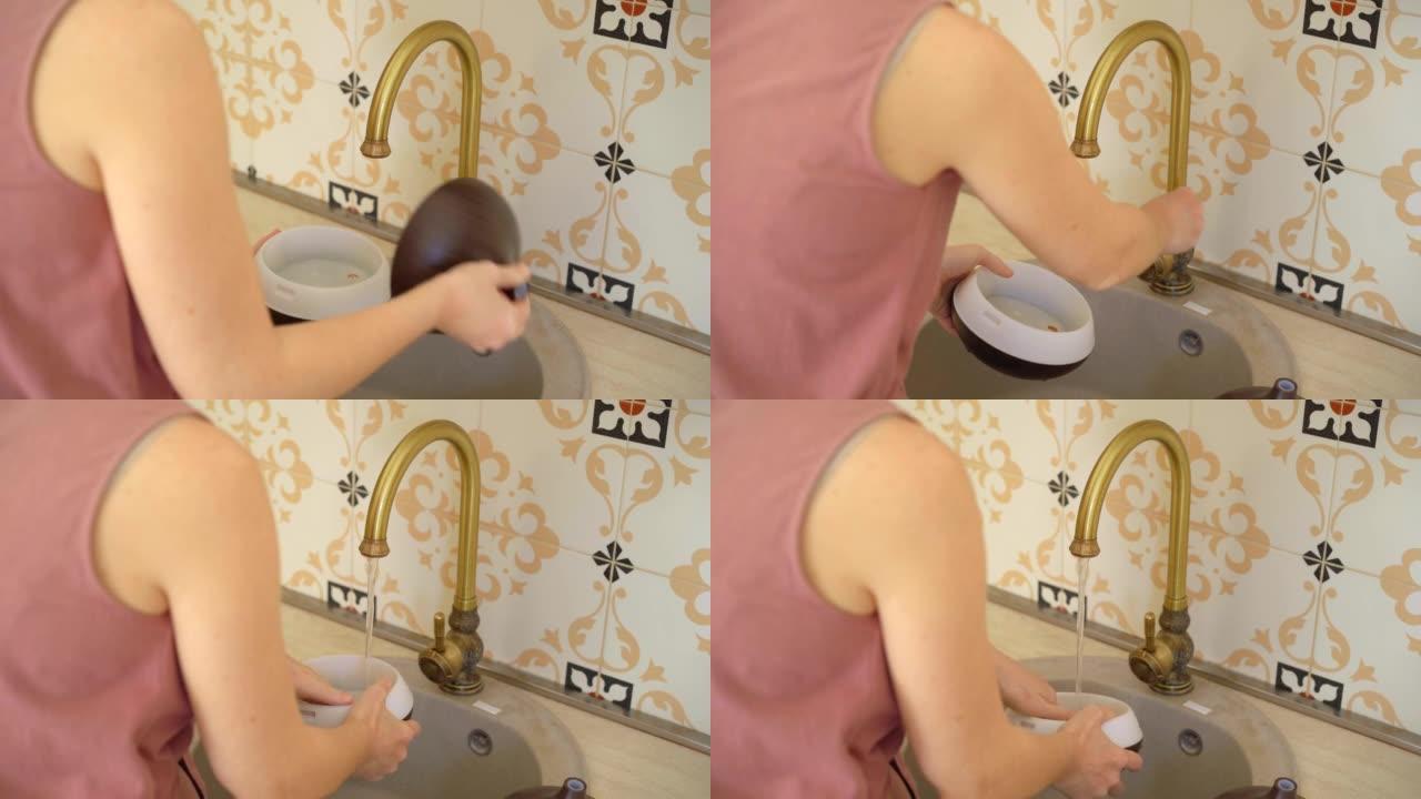年轻女子洗一盏电香灯。芳香疗法概念。电动超声波精油扩散器和加湿器。特写视频
