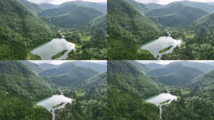 挪威山区湖泊瀑布的风景鸟瞰图