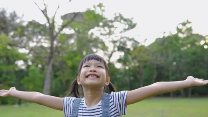 年轻快乐的亚洲小女孩的肖像在公园玩得开心。特写笑脸女孩。7岁漂亮的小女孩掉了乳牙。乳牙脱落，恒牙更换
