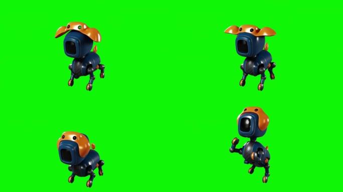 从3D渲染动画中拍摄可爱的AI机器狗，在绿色屏幕上隔离。