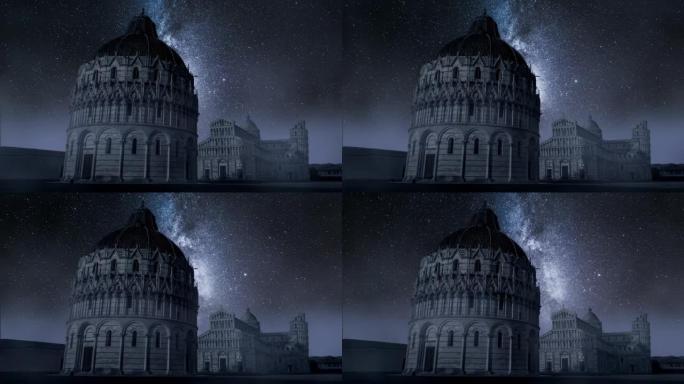 意大利比萨夜晚的银河和洗礼堂，timelapse