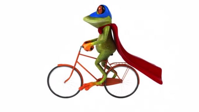 有趣的3D卡通动画青蛙超级英雄与自行车