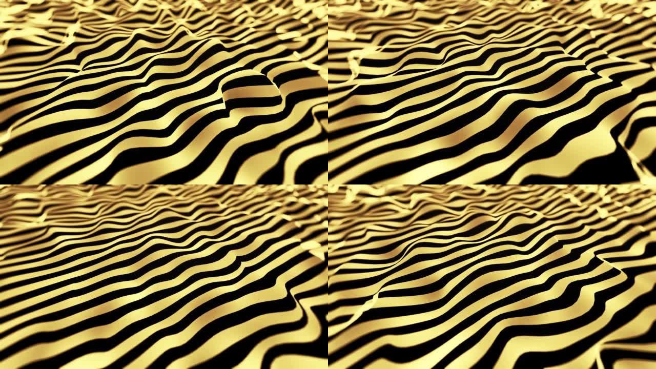 抽象的波浪线，闪亮的背景动画。4k抽象简约造型优美的运动设计。黄色和黑色抽象背景波。