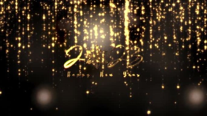 2023新年快乐金色电影标题文本与金色闪闪发光的星星移动运动抽象在黑色背景。