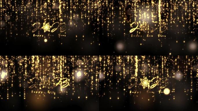 2023新年快乐金色电影标题文本与金色闪闪发光的星星移动运动抽象在黑色背景。