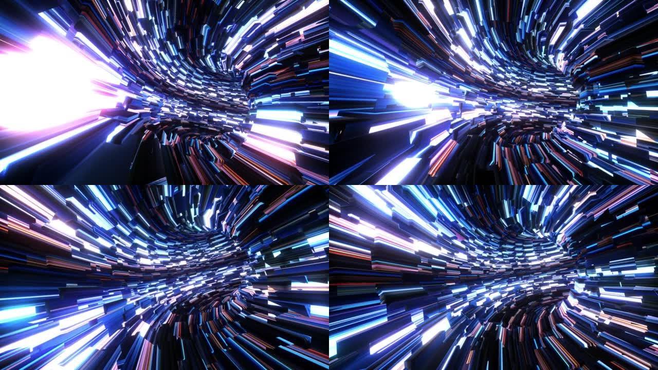 隧道超高速运动中的抽象循环辉光蓝色数字飞行线运动和照明光效应。3D未来背景，超数字发光线，激光，光速
