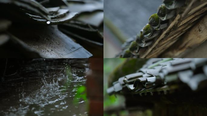 4K雨天意境屋檐雨滴