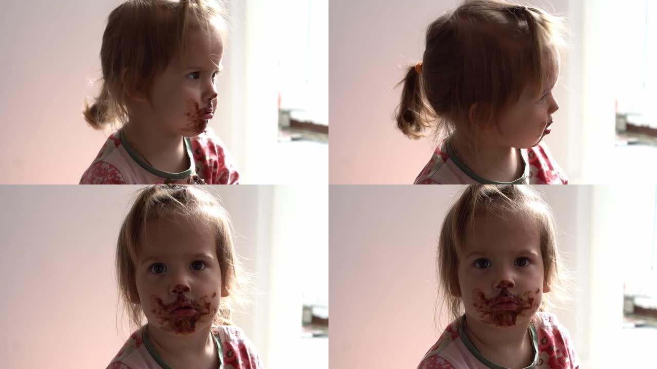 特写婴儿肮脏的脸。有趣的孩子吃巧克力。蹒跚学步的小孩早上在厨房里吃糖。幸福家庭吃糖果女孩梦想概念。生