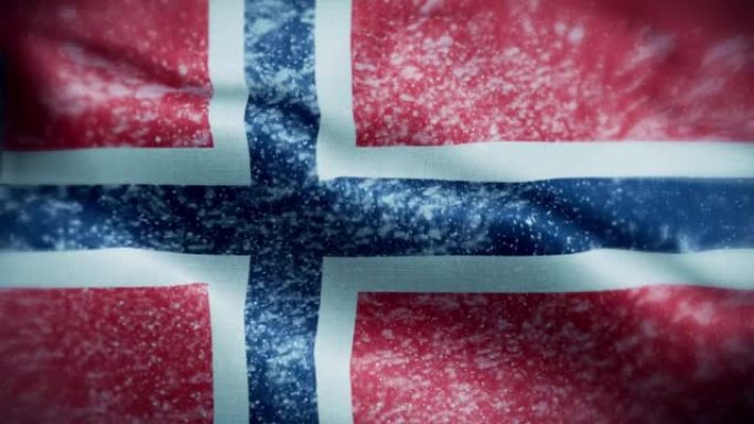 4K暴风雪/雪在挪威国旗股票视频。冷淡的挪威国旗。旋转/旋转的冰晶。雪花掠过挪威国旗。