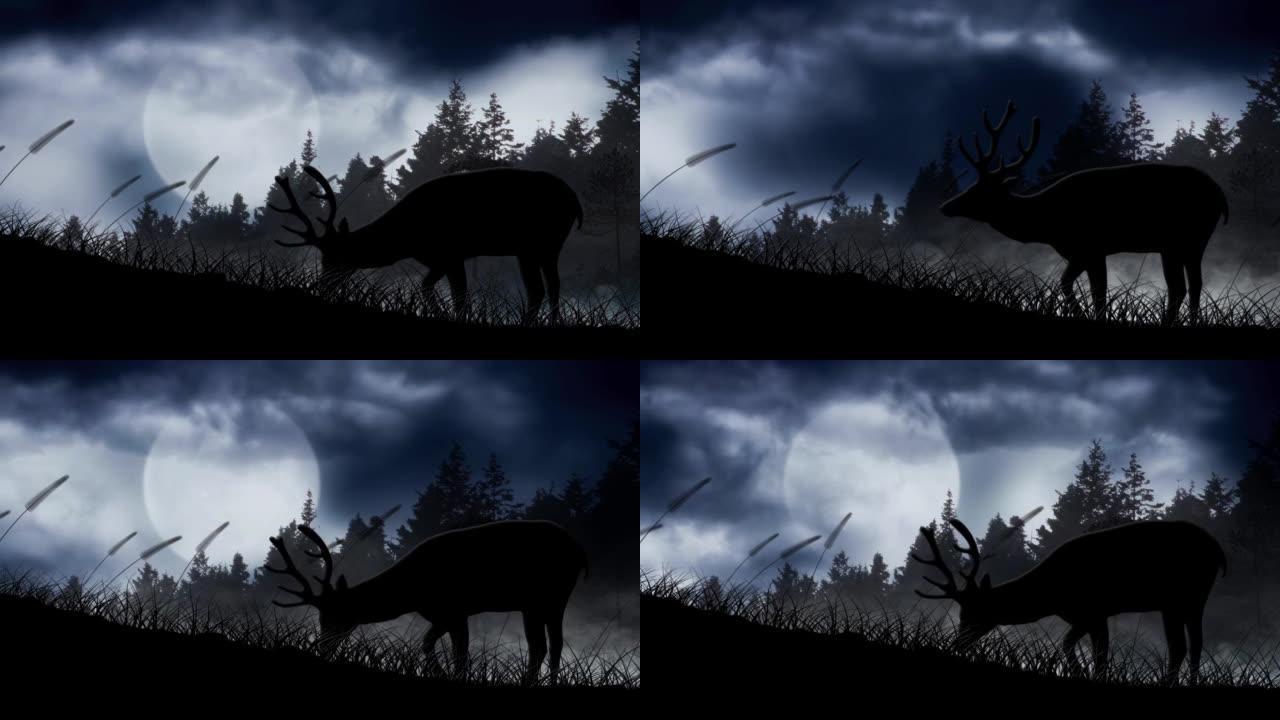 月光下小山上的鹿剪影