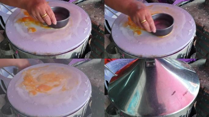Banh cuon越南米粉蒸纸加鸡蛋越南烹饪传统当地街头食品