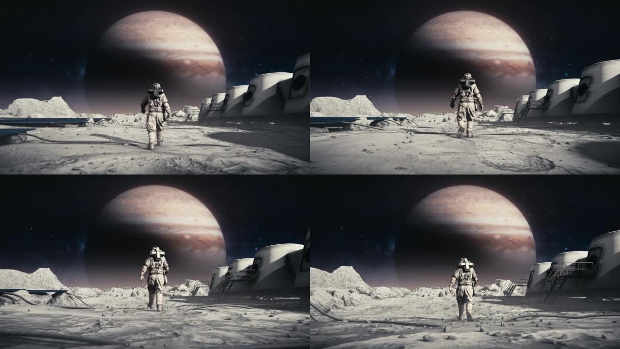 勇敢的宇航员穿着太空服自信地在月球表面走向木星。火星殖民地和基地，火星探测器月球表面，散布着小石头和