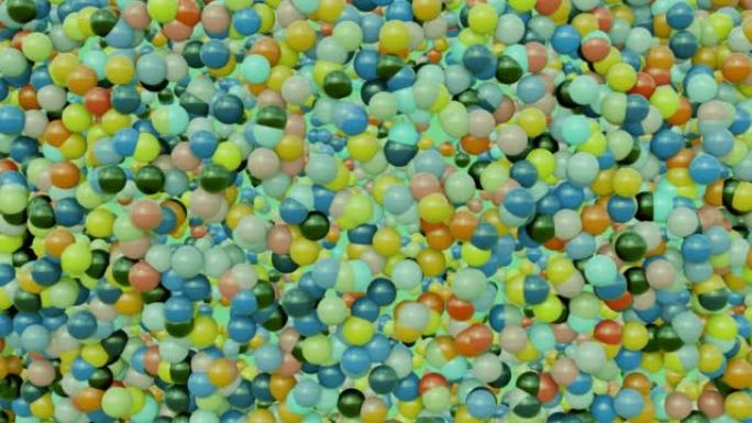 抽象彩色气球球体球动画视频，4k分辨率，随机移动的动画气球，多色闪亮圆圈，运动图形背景，气泡魔术