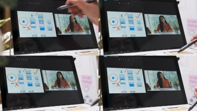 女性ux ui开发人员的近距离使用交互式板在在线会议视频通话中向同事解释