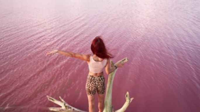 快乐的女人旅行者举起手站在背景美丽的粉红色湖