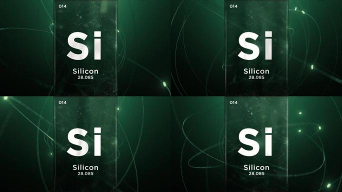 元素周期表的硅 (Si) 符号化学元素，原子设计背景上的3D动画