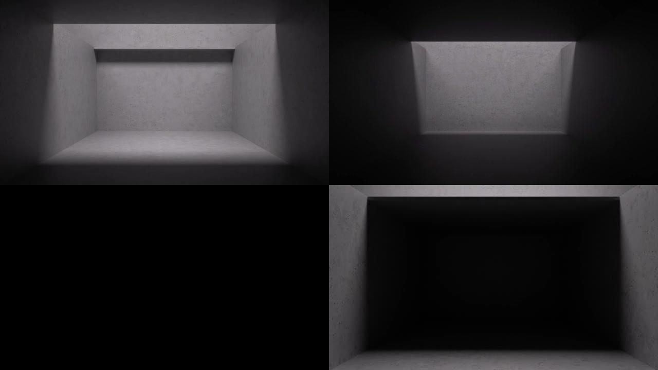 循环3d动画。摘要背景。光影穿过带有混凝土墙和滑动天花板的空房间