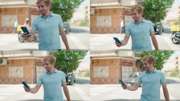 年轻人在街上使用智能手机微笑着自信