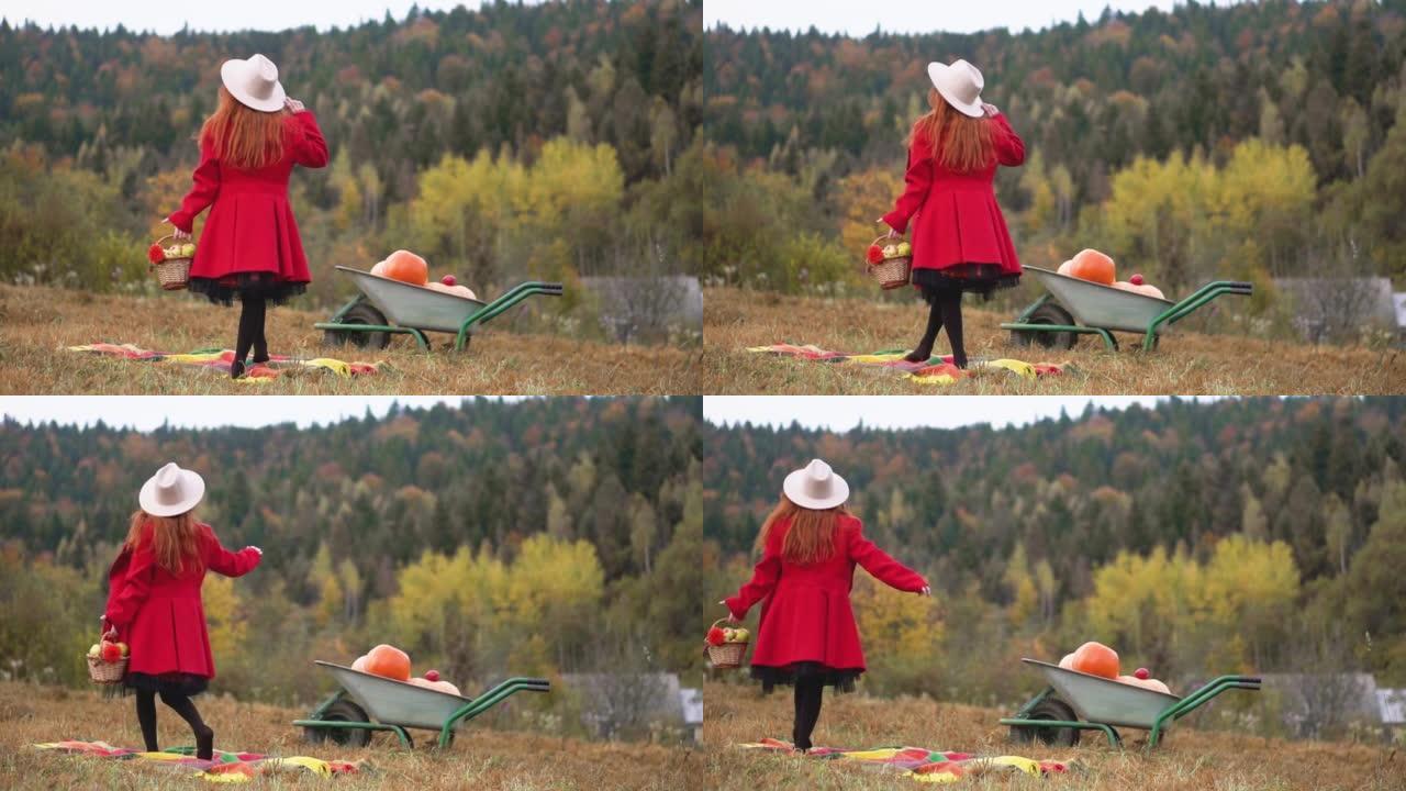 红色和秋天的红发女人感恩节静果，格子，南瓜和苹果。一个穿着橙色衣服的女孩和一只狗在大自然中休息。秋季