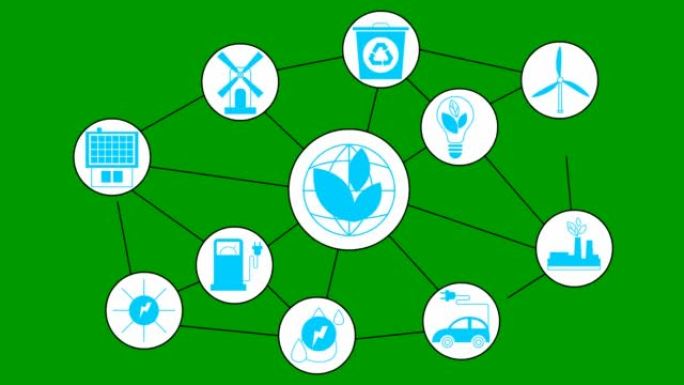 白色圆圈中的动画平面生态图标。可持续能源、可再生能源、绿色技术、生态护理的扁平蓝色符号。绿色背景上的