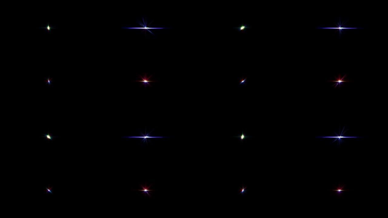 抽象循环中心光学光透镜耀斑闪烁旋转动画集包背景。4k无缝环路动态动力学亮星照光