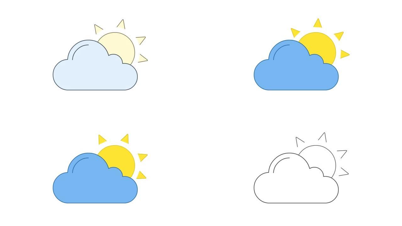 太阳和云蓝黄线艺术矢量动画。阳光多云天气预报，气象简单轮廓图标视频。晴天炎热阴天运动图形