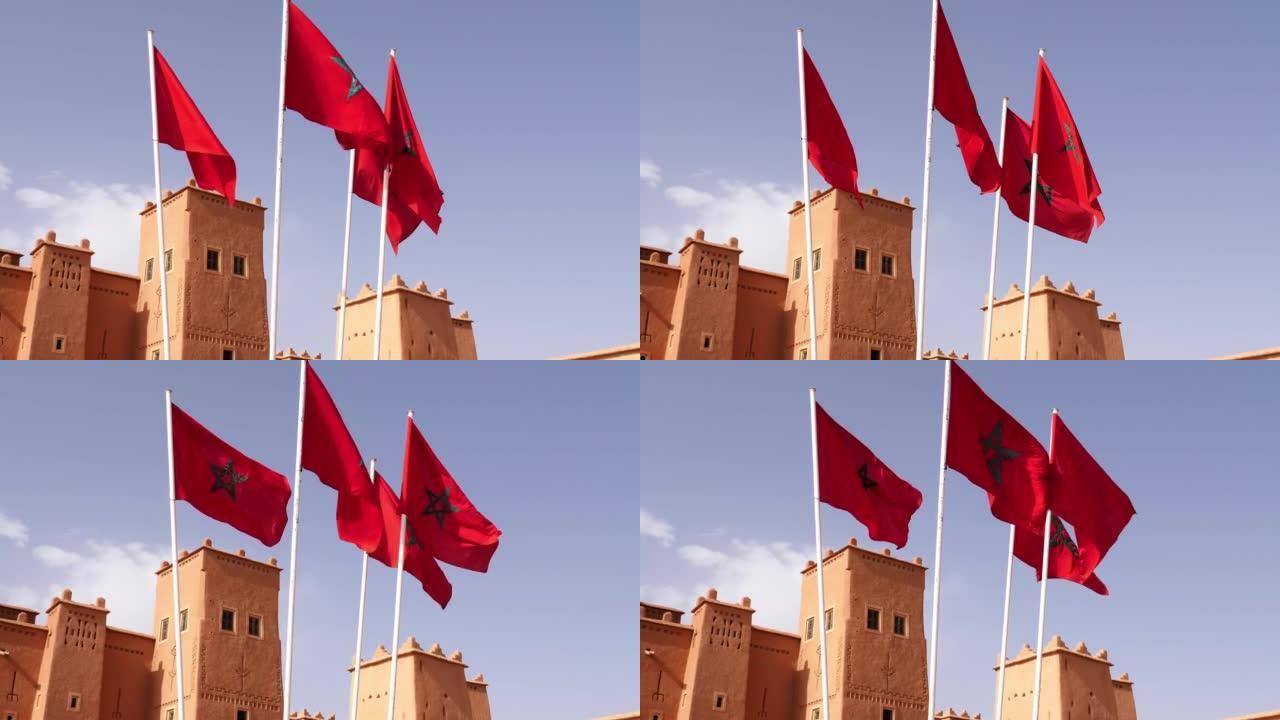 在摩洛哥瓦尔扎扎特 (Ouarzazate) 悬挂摩洛哥国旗的卡斯巴 (Kasbah)。传统南摩洛哥