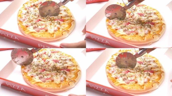 披萨盒装海鲜披萨，概念食品配送。