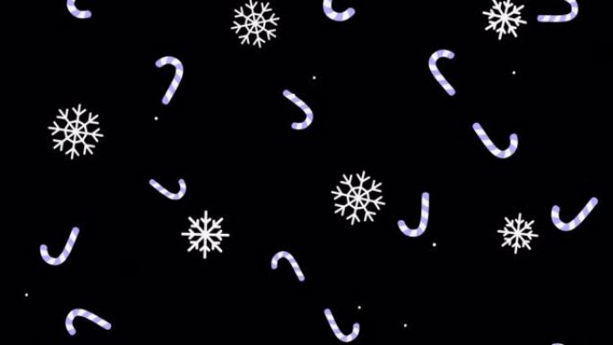 带有ALPHA频道的圣诞节和新年动画。甘蔗和雪花落在透明背景上。寒假。糖果装饰循环动画，卡通风格素材