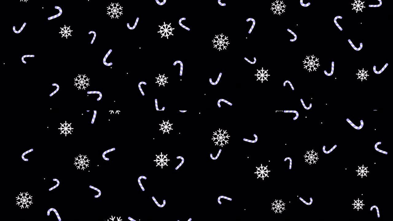 带有ALPHA频道的圣诞节和新年动画。甘蔗和雪花落在透明背景上。寒假。糖果装饰循环动画，卡通风格素材