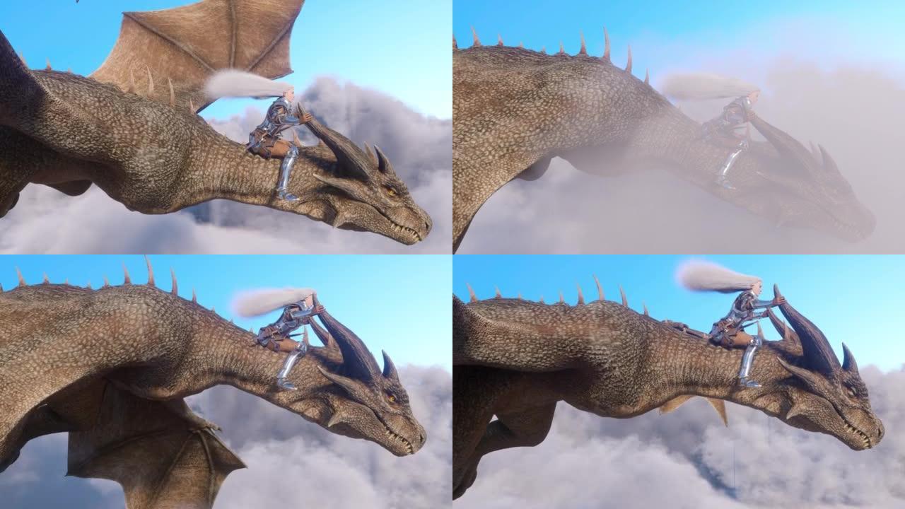 白发女战士骑士在云层上方飞龙。幻想艺术品场景。CGI动画3d渲染