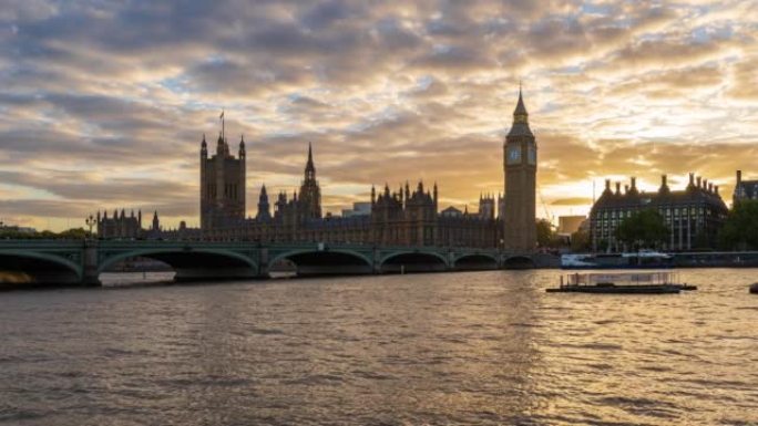 大本钟，威斯敏斯特宫和威斯敏斯特桥在英国伦敦的辉光日落-4k延时
