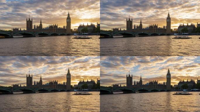大本钟，威斯敏斯特宫和威斯敏斯特桥在英国伦敦的辉光日落-4k延时