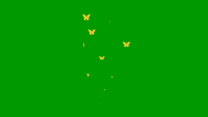 动画金蝶从下往上飞。飞蝶的喷泉。夏天的概念。矢量插图孤立在绿色背景上。