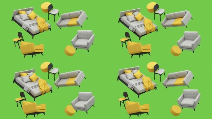 咖啡桌扶手椅床和植物壶家具环绕的粉彩沙发，在绿色屏幕背景上漂浮和旋转，用于定制最小概念3d渲染循环动
