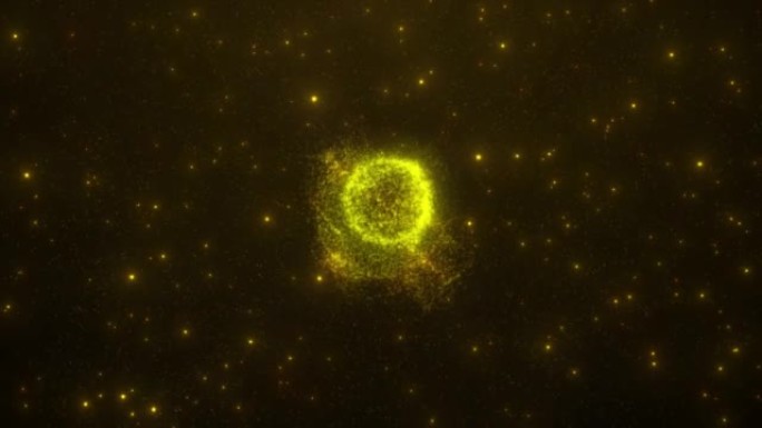 用粒子制成的抽象发光运动星核，能量圆球用恒星在空间上运动，中子星动画，发光星核