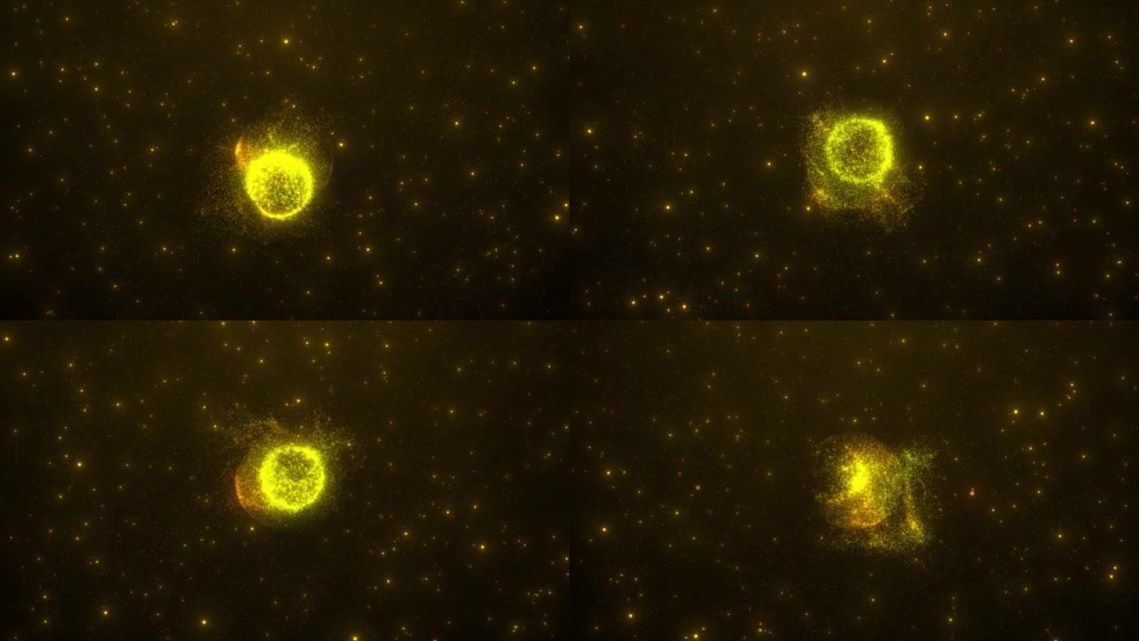 用粒子制成的抽象发光运动星核，能量圆球用恒星在空间上运动，中子星动画，发光星核