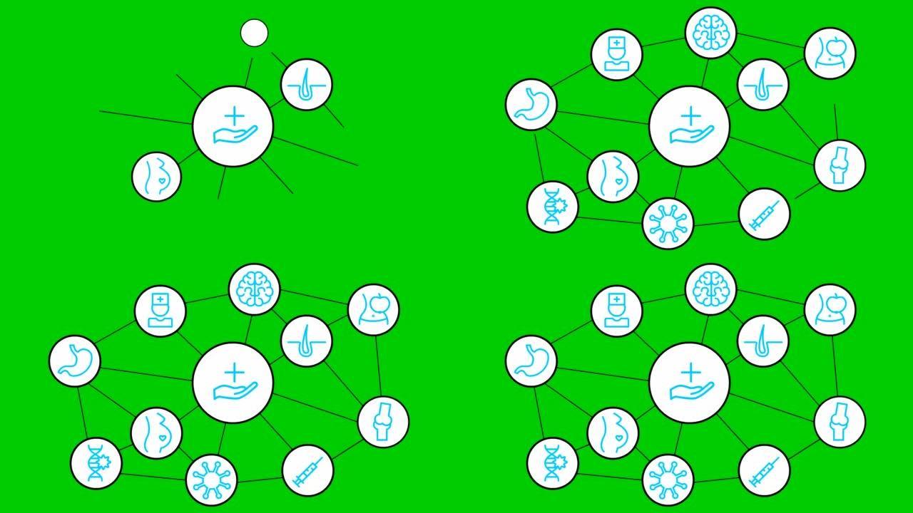 白色圆圈中的动画线医学图标。蓝色符号。孤立在绿色背景上的线性矢量插图。
